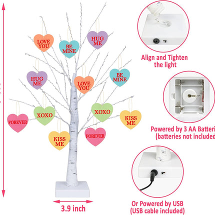 [Timer] Valentines Day Decoration 24 Inch Valentines Decor Tree Light with 12 Heart Ornaments, USB/Battery Operated Valentines Day Decor Lighted Tree, Valentines Day Decorations for Home Table Bedroom