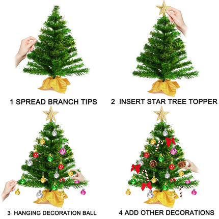 Mini Christmas Trees, Artificial Tabletop Christmas Tree with Star Treetop and Many Ornaments, Battery Operated Small Xmas Tree for Table, Desk, Home Classic Series Holiday Decoration-1.67ft