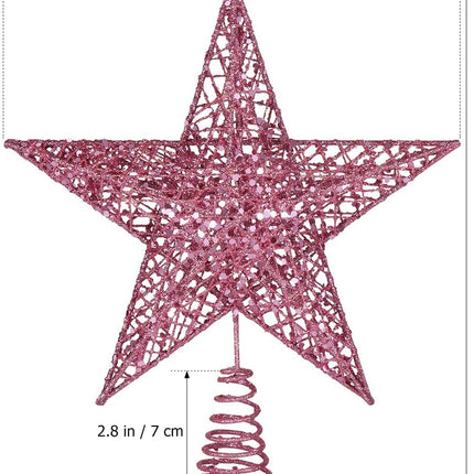 Christmas Tree Topper 10 Inch Pink Glitter Star with Metal Hollow Design Wire Star Treetop for Holiday Christmas Home Decoration