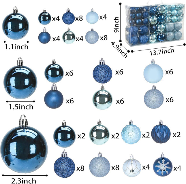 DomeStar 100PCS Shatterproof Blue Christmas Ornament Set - Glitter Balls for Tree Decor and Wreaths