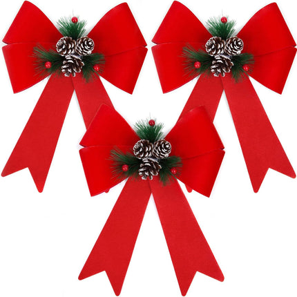 JOHOUSE 3PCS Christmas Bows, 12Inch Red Velvet Bows Large Decorative Christmas Bowknot with Pine Cone Red Berries for Xmas Tree Wreath Home Ornament Decoration