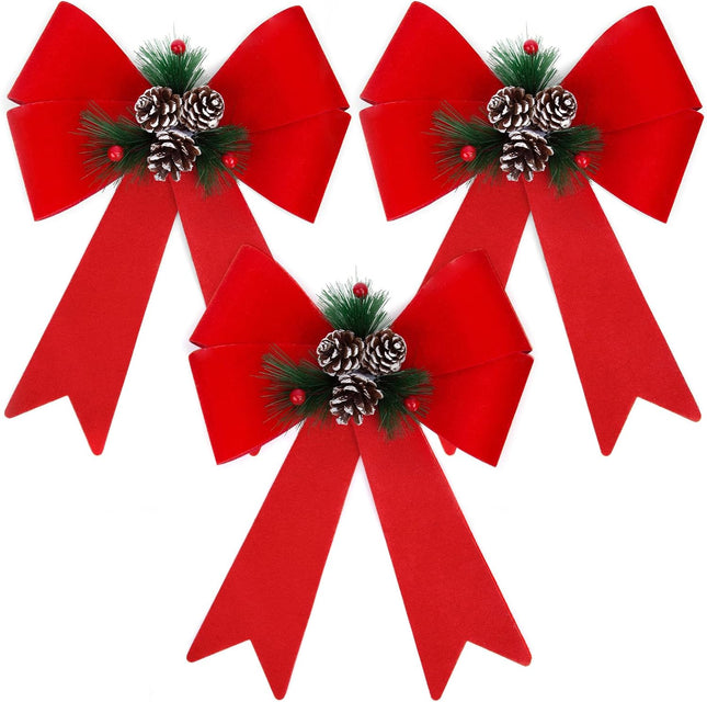 JOHOUSE 3PCS Christmas Bows, 12Inch Red Velvet Bows Large Decorative Christmas Bowknot with Pine Cone Red Berries for Xmas Tree Wreath Home Ornament Decoration