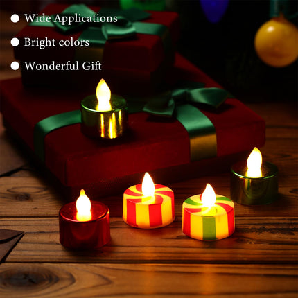 MTLEE 24 Pack Christmas Tealights Candles LED Flameless Tea Lights Candy Cane Striped Red Green Tealight Warm Yellow Tealight Votive Candles for Parties, Weddings, Birthdays and Home Decor