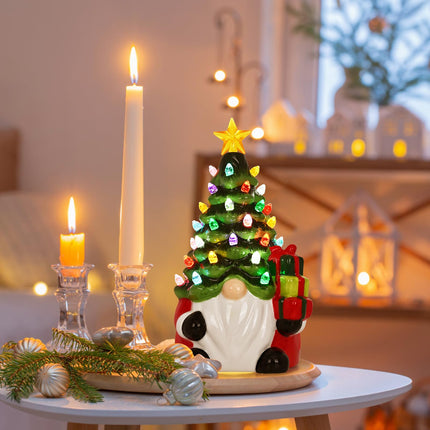 Ceramic Christmas Trees That Light Up Christmas Gnomes, 8" Gnome Christmas Tree with 46 Lights, Small Tabletop Christmas Tree Gnome Christmas Decorations for Home Room Fireplace (Green)