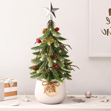Mini Tabletop Christmas Tree, 14 Inch Artificial Small Xmas Tree with Red Berry, Pine Cone, Fake Greenery for Table Top Office Desk Classroom Room Holiday Christmas Decor(Silver Star)