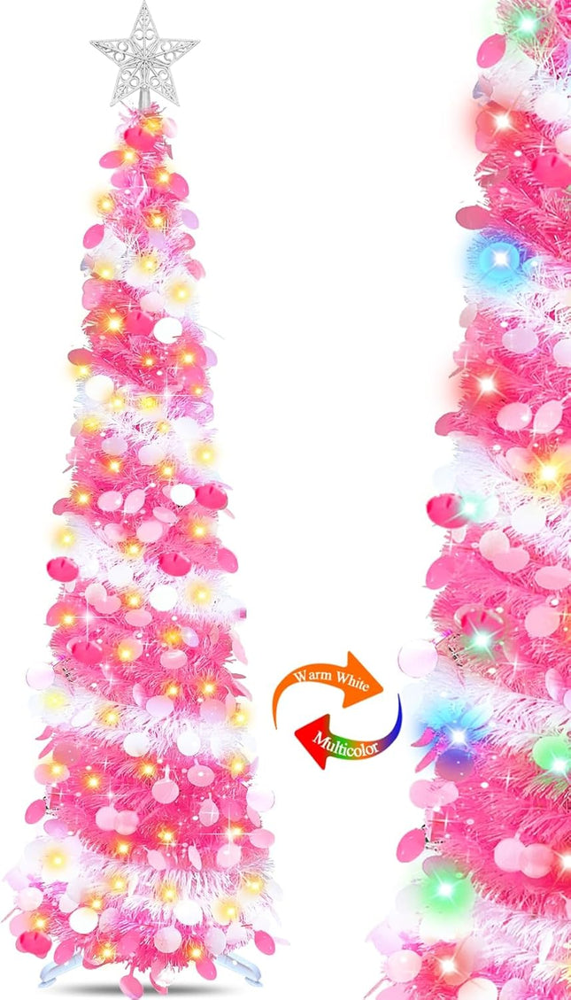 Dual Color Change & Timer - 5FT Pop Up Christmas Tree, Pink Tinsel Christmas Tree 50 Warm White & Colored Lights 8 Mode 3D Star Sequins 1 Minute Collapsible Pencil Christmas Tree Home Indoor Party