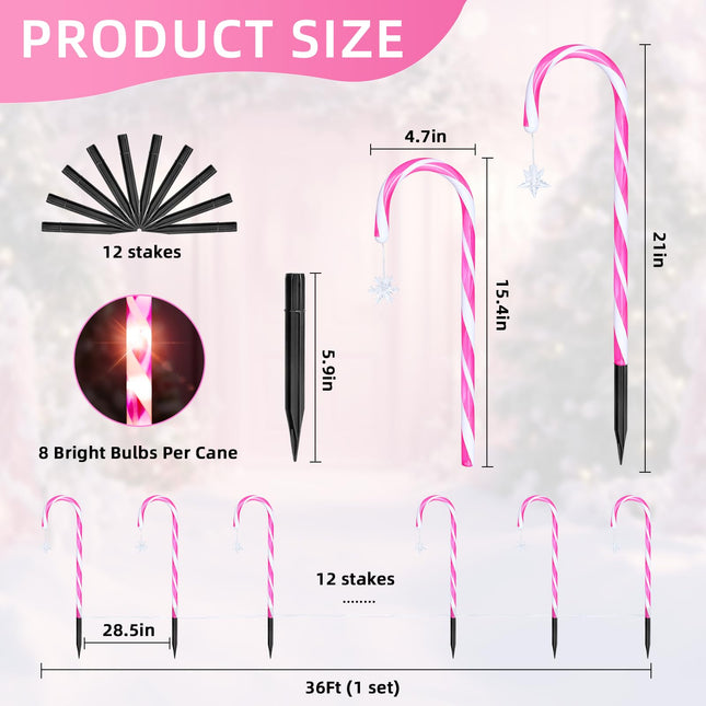 12 Pack Pink Christmas Candy Cane Lights: 21 inch 8 Lighting Modes Lawn Stakes Pathway Light Outdoor - 28 inch Extra Large Pitch, Waterproof for Walkway Markers Yard Xmas Decorations (Pink & White)