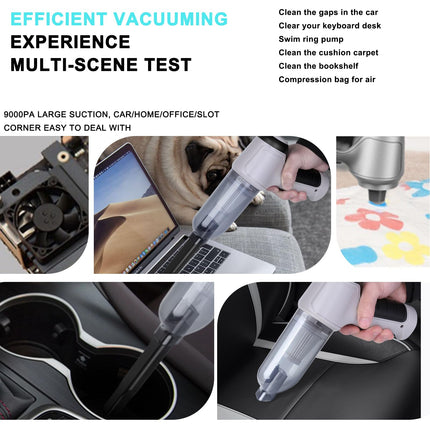 Mini Cordless Car Vacuum Cleaner, Wireless Handheld Usb Chargeable, 9000Pa Strong Suction, 3 In 1 Dust Buster&Air Blower&Hand Pump, Dry&Wet Use Car, Keyboard, Inflatedeflate Swim Ring White
