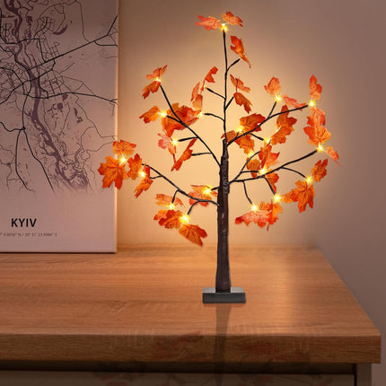 2FT 25LED Artificial Lighted Maple Tree,Timer Function Prelit Fall Decor Maple Tree with Warm White Light Lamp Battery Operated and USB for Indoor Outdoor Harvest Halloween Thanksgiving Day