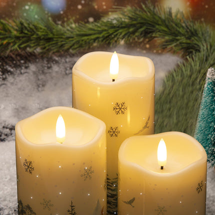 Eywamage Forest Deer Fiber Optic Flameless Pillar Candles with Remote, Flickering Christmas LED Battery Candles Set of 3