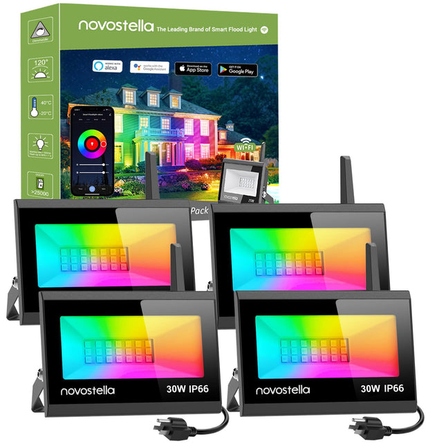 NOVOSTELLA LED Flood Lights Outdoor, 30W RGB Smart LED Flood Lights, Second-Generation WiFi Landscape Lighting Stage Dimmable Color Changing Uplight, IP66 Waterproof, Work with Alexa, 4 Pack.