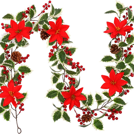 BLEUM CADE Christmas Decorations Garland - 6.3Ft Artificial Christmas Garland for Mantle, Holly Red Berry Garland with Poinsettia and Pine Cones for Xmas Tree Fireplace Indoor Outdoor Home Decor