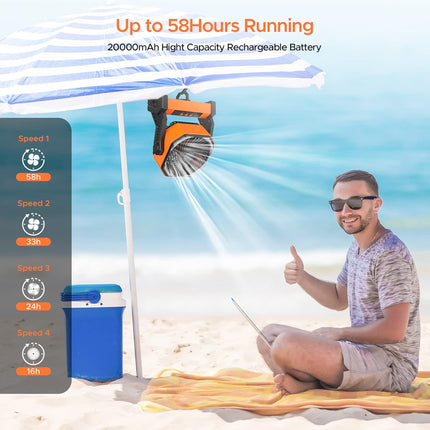 20000Mah Rechargeable Camping Fan With Led Lantern, 58Hrs Portable Battery Operated Desk Fan With Hanging Hook For Camping Picnic