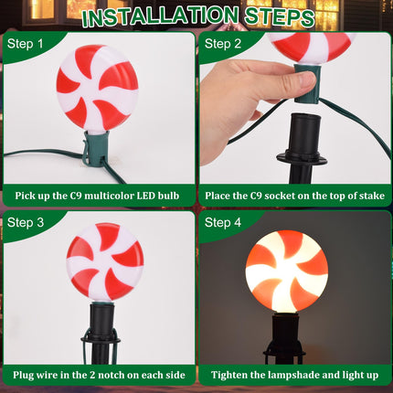 C9 Christmas Pathway Lights Outdoor - 7FT Christmas String Light with 4 Lollipop LED Marker Lights, Red and White Christmas Candy Landscape Lights for Garden Lawn Party Decor - 2 Pack