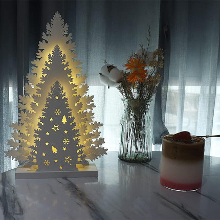 Wooden Christmas Tree Tabletop Decor, LED Wood Craft Christmas Trees Light 2AA Battery Powered 13 inch for Xmas Home Decorations(Indoor)