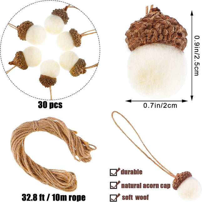 30 Pieces Felted Wool Acorn Ornaments Christmas Pinecone Felt Balls Pom Acorn Christmas Tree Pom Acorn Felt Hanging Decorations with 32.8 Ft Rope for Holiday Party Decoration (White)