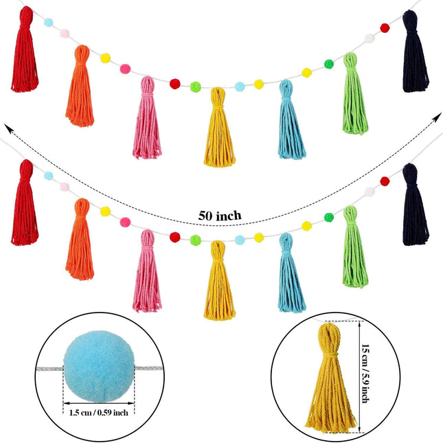 Syhood 3 Pcs Colorful Rainbow Boho Tassel Garland Pom Pom Classroom Garland Tassel Each 50'' Rainbow Garland Banner Decorative Wall for Baby Kid Nursery Shower Decor Photography Prop