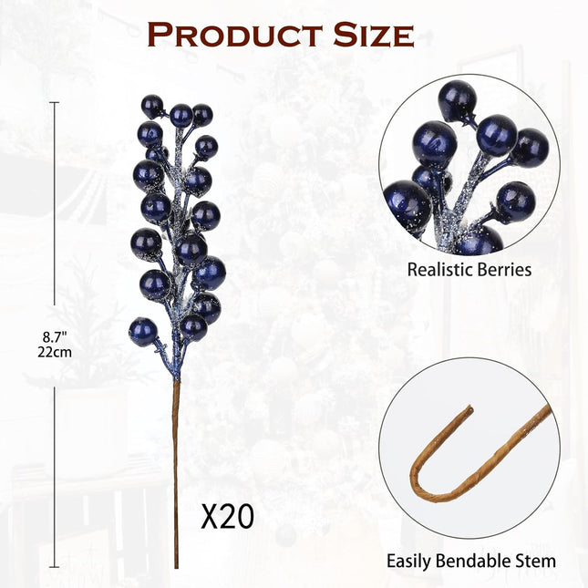 20 PCS Artificial Christmas Berry Picks, 8.7" Faux Berry Stems Spray with Glitter Paillette for DIY Crafts Wreath Garland Party Christmas Ornaments Décor