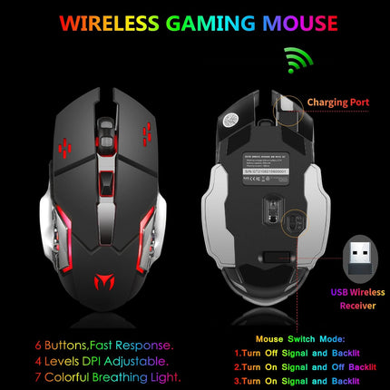 Wireless RGB Gaming Keyboard and Mouse - Rechargeable RGB Backlit Keyboard Mouse Long Battery Life,Mechanical Feel Gaming Keyboard with 7 Color Wireless Gaming Mouse for PC Game and Work