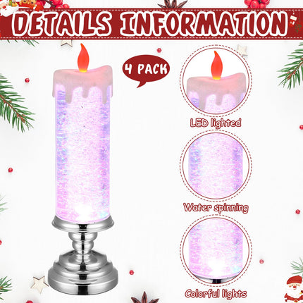 4 Packs Christmas LED Battery Operated Candles Flickering Flameless Xmas Candle with Pedestal Glitter Swirling Pillar USB Rechargeable Light Candles for Xmas Party s Home Indoor Decor