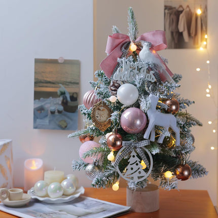 Small Pink Christmas Tree 18Inch Tabletop Mini Christmas Tree Snowy Artificial Xmas Pine Trees with Wooden Base Hanging Ornaments Balls for Holiday Festival Indoor Home DIY Christmas