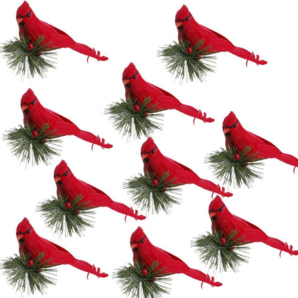 GREENWISH 10Pcs Red Birds Cardinal Clip on Christmas Tree Decoration Red Cardinals Ornaments Artificial Birds with Pine Branches for Christmas Decorations, Winter Theme, Wreaths