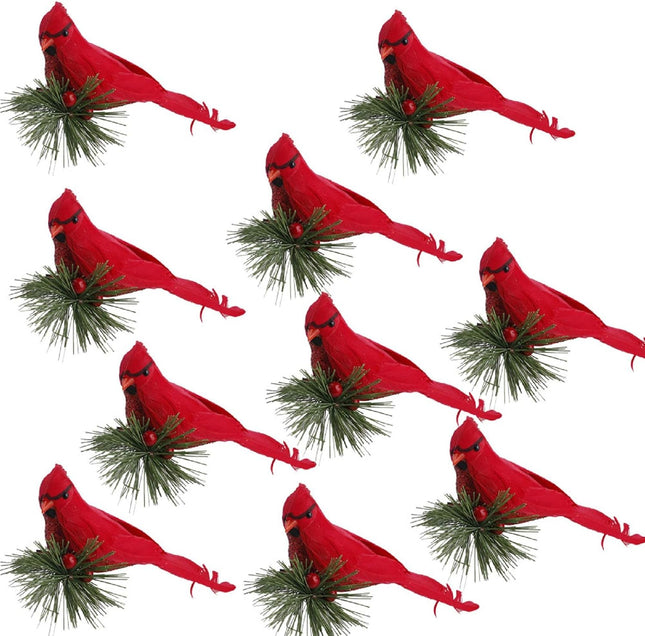 GREENWISH 10Pcs Red Birds Cardinal Clip on Christmas Tree Decoration Red Cardinals Ornaments Artificial Birds with Pine Branches for Christmas Decorations, Winter Theme, Wreaths