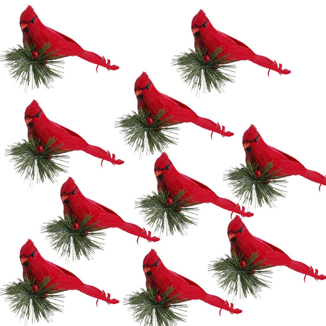 IUIBMI 10 Pack Artificial Red Cardinal Birds Clip on Pine Branches Ornaments for Christmas Tree Realistic Feathered Birds for Wreaths DIY Crafts Decor