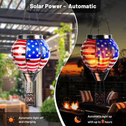Hot Air Balloon Solar Lantern Hanging Outdoor Solar Lantern with Flickering Flame for Decorative Garden Patio Yard Party Decor for Birthday Halloween Christmas - American Flag