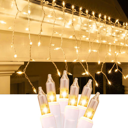 Christmas Icicle Lights 8.5 ft 150 Count String Lights Warm White Christmas Decorations Plug in Waterproof Christmas Lights for Outdoor, Xmas, Patio, Courtyard Decor (150 Count Warm White, Plastic)