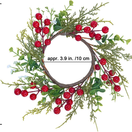 Winlyn 4 Pcs Artificial Eucalyptus Cedar Berry Candle Rings Christmas Candle Holder Wreath Rings Faux Cedar Twigs Wreath Mini Window Wreaths 12.2" Wide Winter Wedding Holiday Party Table Decoration