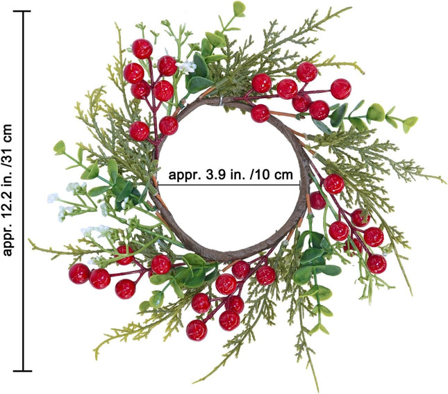 Winlyn 4 Pcs Artificial Eucalyptus Cedar Berry Candle Rings Christmas Candle Holder Wreath Rings Faux Cedar Twigs Wreath Mini Window Wreaths 12.2" Wide Winter Wedding Holiday Party Table Decoration