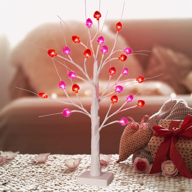 2FT Valentine's Day Tree Decor - 24LT FastDeng Prelit Birch Tree with 12 Pink & 12 Red Heart, Unique Red and Pink LED Lights, Battery Operated, Timing Function, Decorations for The Home, Mother's Day