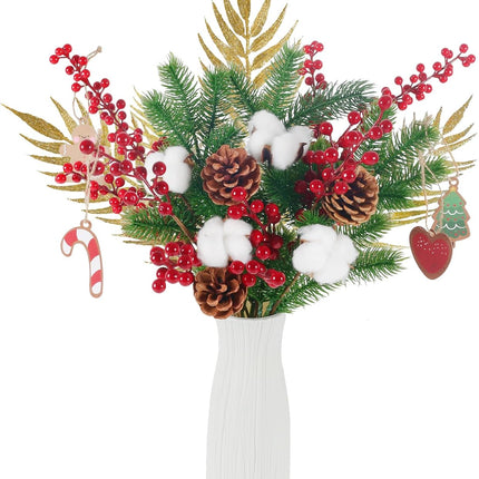 HUAESIN 17PCS Artificial Christmas Flowers in Vase Red Berry Picks Stems Faux Pine Branches with Pinecones for Christmas Holiday Xmas Home Season Decor Xmas Wreath DIY Craft