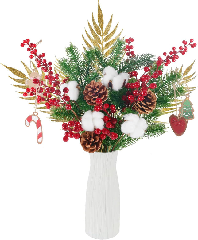 HUAESIN 17PCS Artificial Christmas Flowers in Vase Red Berry Picks Stems Faux Pine Branches with Pinecones for Christmas Holiday Xmas Home Season Decor Xmas Wreath DIY Craft