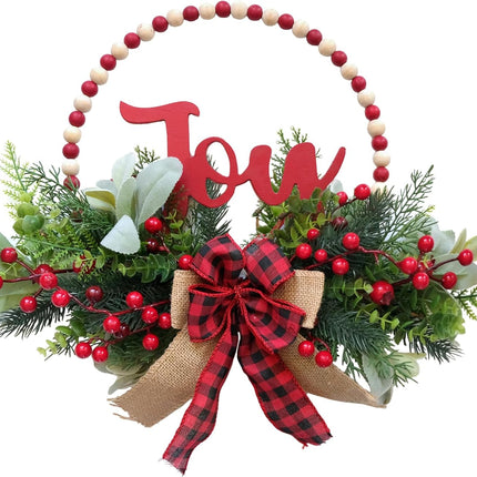 Tempus 16” Christmas Wreaths for Front Door Wooden Beads Welcome Decoration Wreath with Pine Needles Berries Bow Farmhouse Welcome Sign for Home,Farmhouse, Holiday Party, Interior Decoration