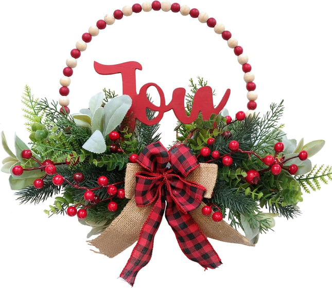 Tempus 16” Christmas Wreaths for Front Door Wooden Beads Welcome Decoration Wreath with Pine Needles Berries Bow Farmhouse Welcome Sign for Home,Farmhouse, Holiday Party, Interior Decoration