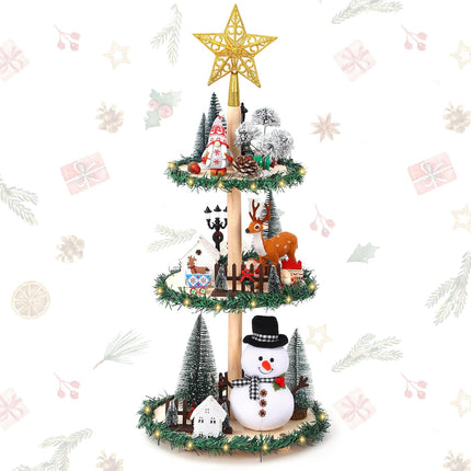 Gerrii 23.6 Inch Christmas Tree Tiered Tray Decoration Christmas Tree Wooden Holder Xmas Tray Decorations Set Include Garland LED Light Golden Star for Holiday Display Light up Tabletop Xmas Tree Tray