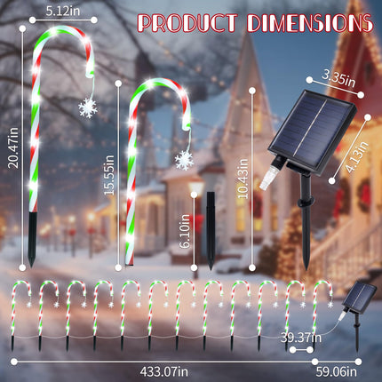 Christmas Pathway Lights Outdoor Decorations, 8 Modes Solar Candy Cane Lights with Snowflake, Outdoor Christmas Waterproof Stake Lights for Walkway, Yard, Porch, Garden Decor (2 x 12 Pack)