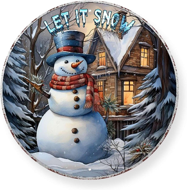 Round Wall Decor Round Metal Tin Sign Rustic Wall Decor Wall Plaque Let is Snow Snowman Sign Snowman Wreath Sign for Christmas Round Wreath Wall Decor Vintage Garage Yard Home Decor 12.00"x12.00"
