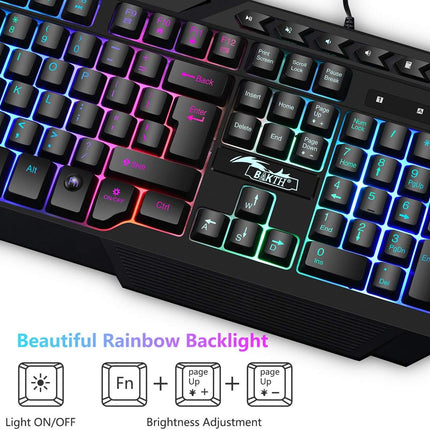 Multiple Color LED Rainbow Backlit Wired Gaming Keyboard and Mouse Combo, USB Ergonomic Computer Keyboard with 7 Colors 3600DPI 6 Button Mouse for PC Windows Mac Game and Work
