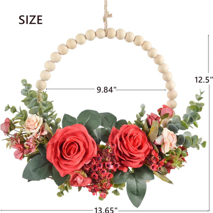 Christmas Wood Bead Red Rose Wreath Boho Farmhouse Decor Artificial Flower Eucalyptus Wreath for Front Door Windows Wall Hanging Room Decor 12" (Red)
