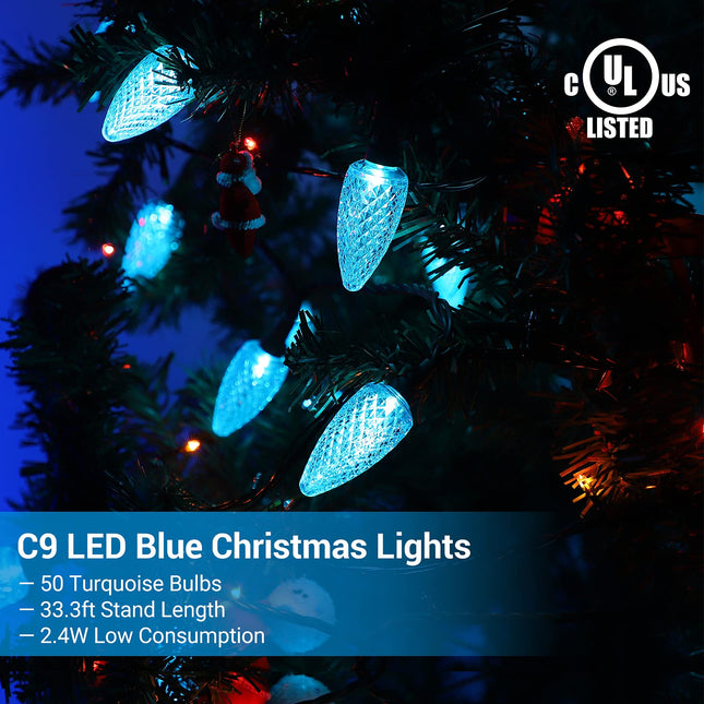 DEWENWILS C9 LED Christmas Lights, 33.3ft 50LED Outdoor Christmas Lights for House, Waterproof, Big Christmas Lights, Extendable for Christmas Decorations, Green Wire, Turquoise, UL Listed