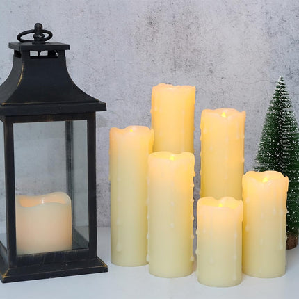 DRomance Flameless Flickering Candles Battery Operated with Remote and Timer, Set of 6 Dripping Wax LED Pillar Candles Halloween Christmas Holiday Indoor Decor(Ivory, 2.2 x 4-9 Inches)