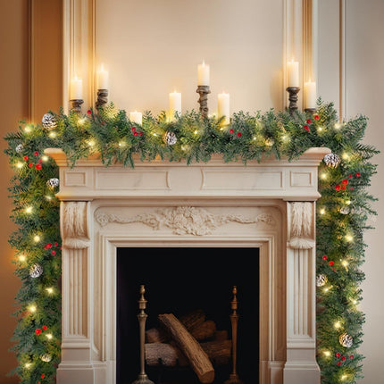 Pre-lit Christmas Garland 9FT - with Red Berries & Pine Cone Pair of Holiday Artificial Decor for Stairs Wall Door Indoor Outdoor Garland with Battery Operated Timer