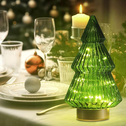 Glass Christmas Tree, Battery Operated Green Lit Christmas Tree Figurine, Lighted Mercury Glass Decor Cordless Cone Crystal Christmas Tree Tabletop Lamp, Light Up Christmas Tree with Lights