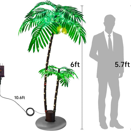 6FT Lighted Fake Palm Tree with 2 Trunks Artificial Palm Tree with LED Lights, for Home Decoration, Parties, Christmas, Nativity Scenes, and Outdoor Patios (6FT-2 Trunks)
