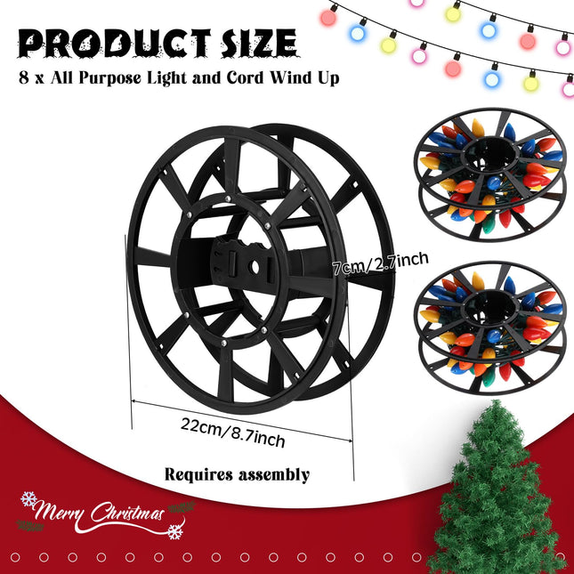 Thyle 8 Pack Christmas Light Reel All Purpose Light and Cord Wind up Cord Storage Reel Light Storage Container Christmas Light Storage Holder Holiday Extension Cord Organizer (Black,8.7 Inch)