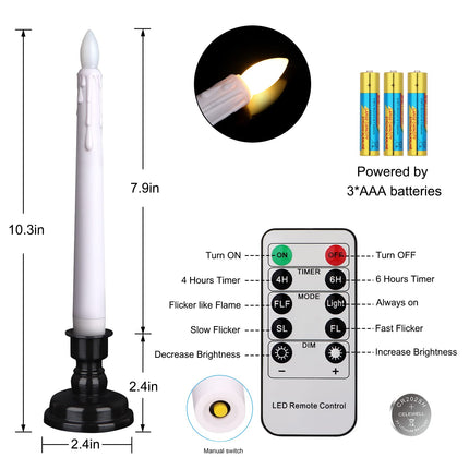 LED Battery Operated Window Candle with Remote & Timer Flickering Warm Light Christmas Flameless Taper Candles for Party Holiday Wedding Home Table Decoration (Pack of 6,White+Black Holder(A))…