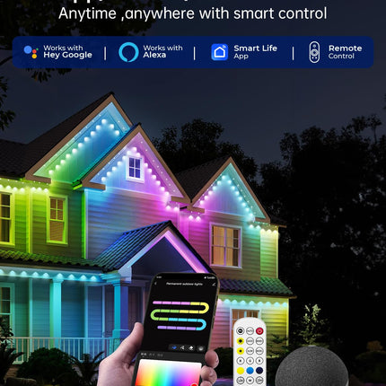 Smart Permanent Outdoor Lights, 100ft with 72 LED RGB String Lights, IP67 Waterproof Eaves Light with 44 Scene Modes for Halloween Christmas Birthday Holiday Party, APP/Voice/Remote Control